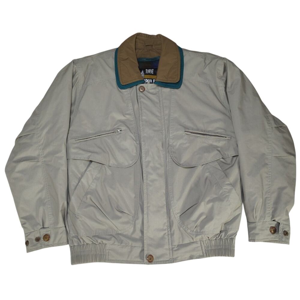 VTG London Fog Towne Harrington Jacket Beige Plaid Lined Bomber Coat Mens L